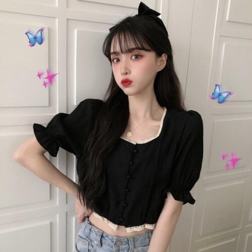 Lace stitching square collar small button short shirt blouse female student trend