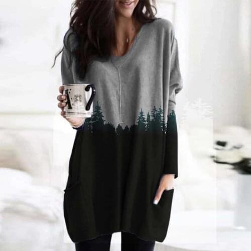 Fashion Women Plus Size Mountain Printed Round Neck Pullover Casual Winter Poccket Long Sleeve T-Shirts Tops Polerones Mujer#35