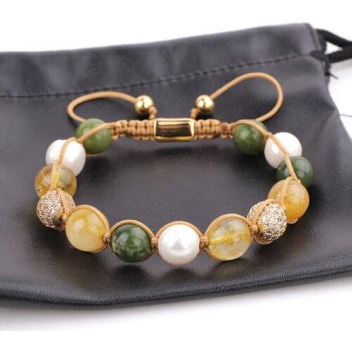 New Unique Design High Quality Luxury CZ Pave Ball 10mm Natural Stone Beaded Women Jewelry Braided Macrame Bracelet Lady