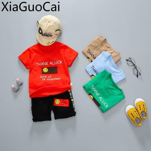 Summer Newest Boys and Girls Sets Baby Children Short Sleeve Sets Smiley Letters Round Neck Short Sleeve Shorts Sets