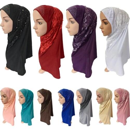 One Piece Amira Hijabs Hat Muslim Women Hijab Islamic Scarf Cap Full Cover Headwear Lace Flower Beaded Underscarf Turban Scarves