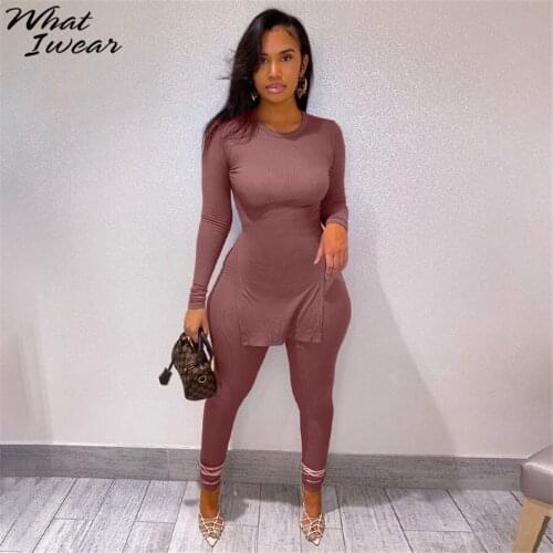 Whatiwear Autumn Solid Knitting 2 Piece Set Women Round Neck Long Sleeve Skinny Top+Leggings Fitness Workout Sportswear Outfits