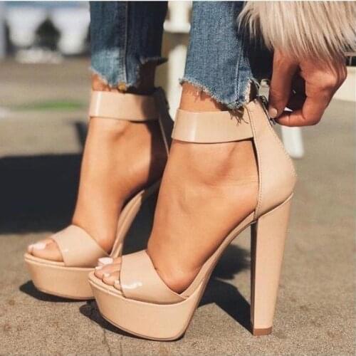 Sexy Nude Patent Leather Women Square Heel Sandals Peep Toe Cut-out Ankle Strap Chunky Heels Dress Shoes