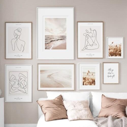 Beach Waves Reed Grass Abstract Lines Kiss Quotes Wall Art Prints Canvas Painting Nordic Poster Decor Picture For Living Room