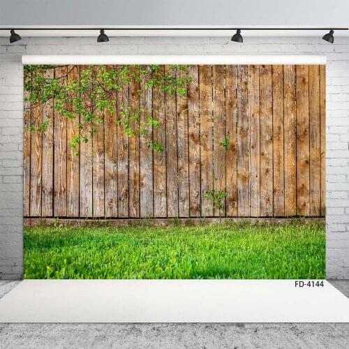 Photo Studio Props Spring Garden Wooden Planks Wall Green Grass Background Baby Child Portrait Photography Backdrops Photocall