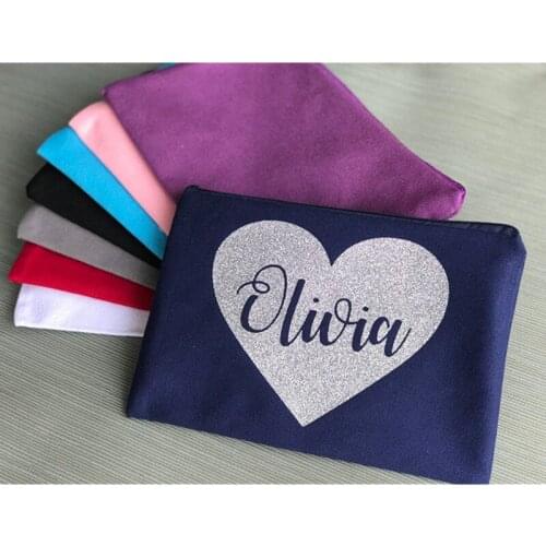 Zippered pouch, personalised Makeup bag with heart and name, bridesmaid toiletry bag, maid of honour cosmetic bag, Birthday gift