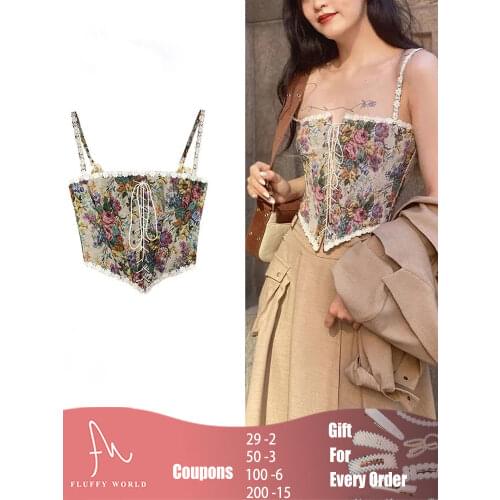 Summer Womens Sexy Crop Camis Spaghetti Strap Sleeveless Vintage Floral Corset Top Y2K Tanks Palace Style Women Cami Bralette