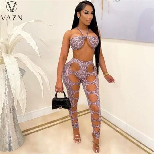 VAZN 2021 Top Quality Sexy Young Sleeveless Vintage Floral Print Bandage Long Pant Women 2 Piece Set