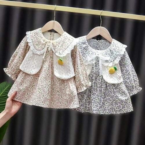 Spring Girls Kids Dress Floral Long Sleeve Children Baby Infants Princess Faux Two Pieces Dresses Girls Autumn Clothes Vestidos