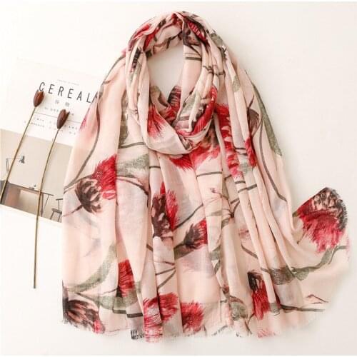 Spring Viscose Women Scarf Navy Blue Flower Printed Ladies Shawls and Wraps Tassel Summer Muslim Hijabs Turbans