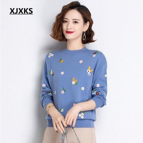 XJXKS Soft Wool Knitted Sweater Women Tops Embrdery Clothes High Quality 2021 New Women Cashmere Pullover Sweaters