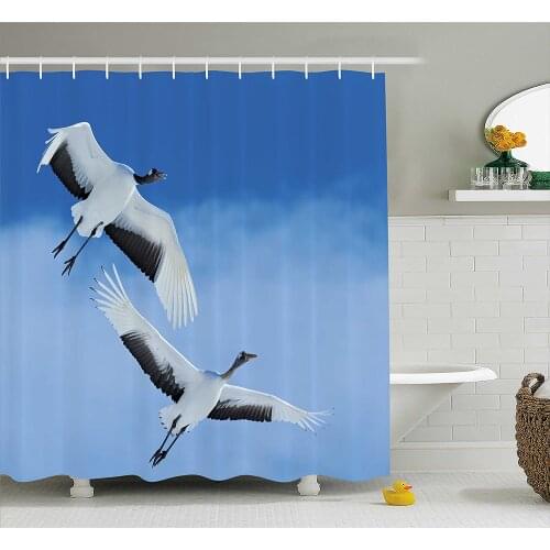 Bird Shower Curtain Two Red Crowned Crane with Open Wings Flying in Clear Sky Japanese Animal Duo Bath Curtains For Bathroom