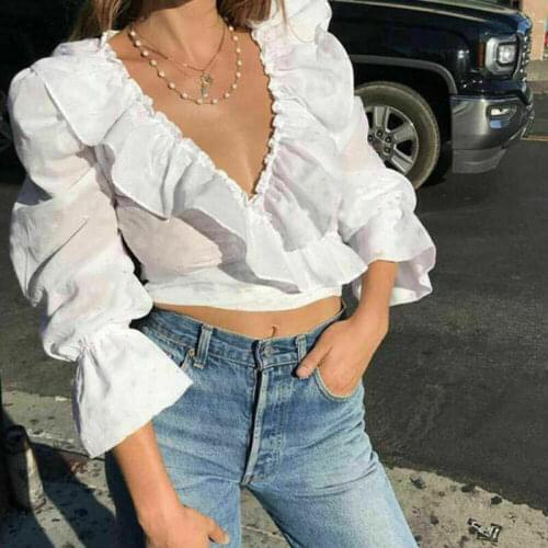 New Autumn Women Fashion Long Sleeve Blouse Tee Ladies Casual Slim Fit V-Neck Petal Sleeve Tops T-Shirt