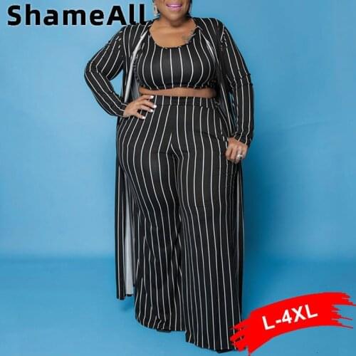 Plus Size Stripe Print Long Cardigan Tank Tops 3 Pieces Suits 4xl Elegante Women Slim Crop Vest Wide Leg Long Pant Matching Sets