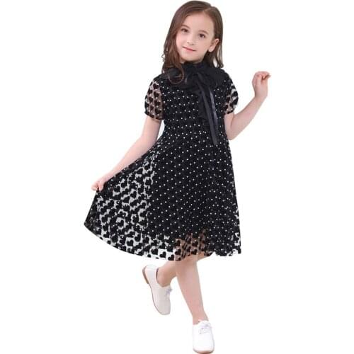 6-16 Years Casual Girl Black Dress Fashion Girls Dot Heart Shaped Embellishment Dresses Children Summer Short Sleeve Dress