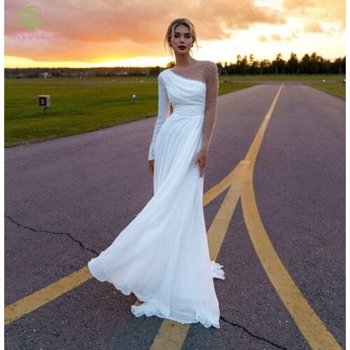 SSYFashion New White Chiffon Evening Dress Elegant Long Sleeve Sequins Beading Beach Party Formal Gowns for Women Vestidos