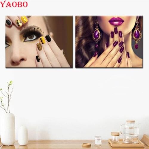 2pcs/set,DIY Diamond Painting Cross Stitch Make-up woman Nordic Wall Decor Full Rhinestone Mosaic 3D Diamond Embroidery sale