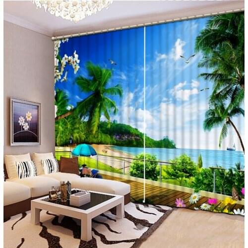 3D Curtain Luxury Blackout Window Curtain Living Room beach coconut tree curtains