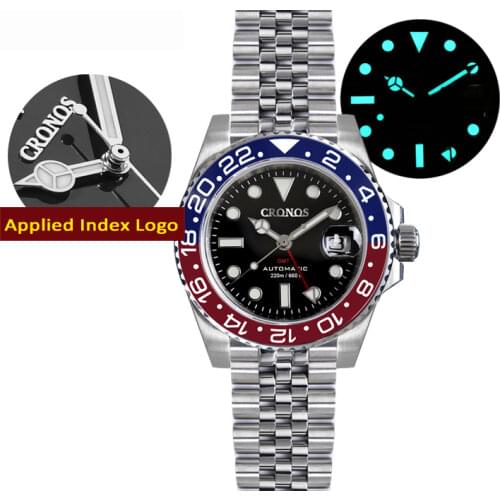 CRONOS GMT Automatic Diver Watch Ceramic Bezel Sapphire Crystal 20M Waterproof Jubilee Bracelet BGW-9 Super C3 Luminous Dial