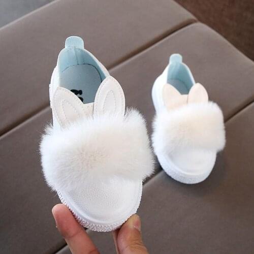 Baby fur shoes girls rabbit ears furry princess shoes Fur Sneaker for children kids leather Single Shoes