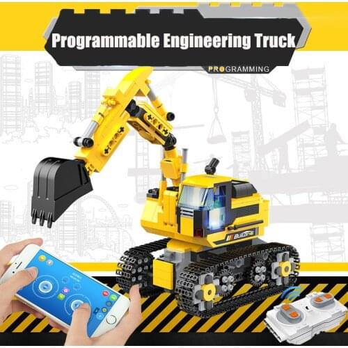 RC Excavator 580PCS Building Block APP Remote Control Programming Engineering Truck Brick Assembly Vehicle Toys Cars