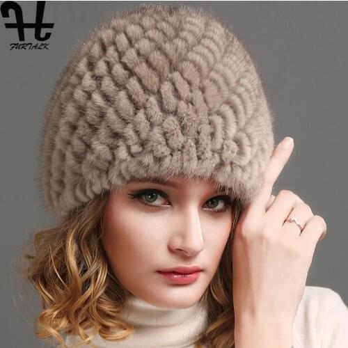 FURTALK Mink Fur Beanie Hat Women Winter Knitted Fur Hat Russian Women Luxury Brand Natural Fur Cap Winter Hat Female 2020