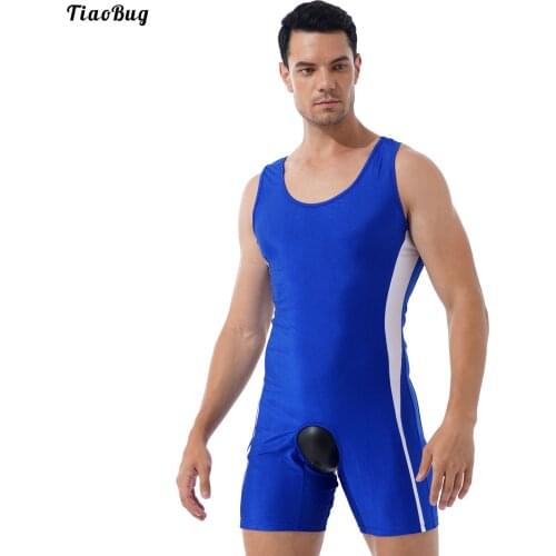 TiaoBug Men One-Piece Open Crotchless Open Butt Jumpsuit Nightwear Color Block U Neck Sleeveless Bodysuit