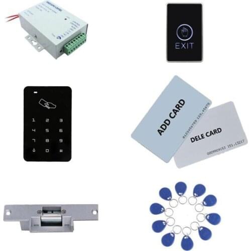 Access control kit,standalone access control+ power+ strike lock +exit button+2pcs manage card, 10 keyfob ID tags,sn:set-1