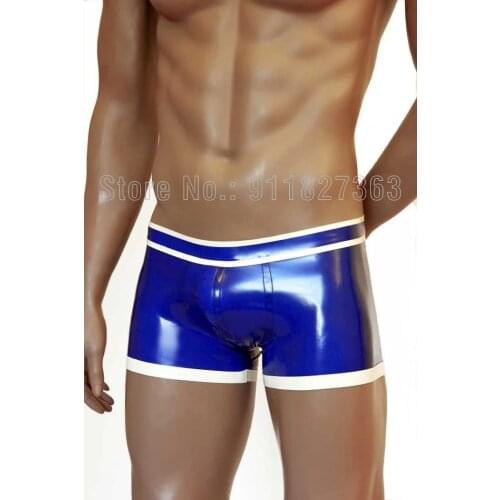 Mens 100% Latex Hot Pants Sexy Shorts Exotic Pants Rubber Latex Underwear Blue with White Trim