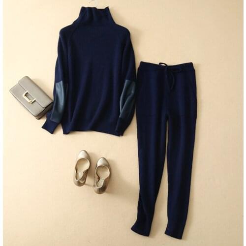 2020 Turtleneck Full New Knit Suit Loose Lazy High Collar Cashmere Sweater Trousers Casual Two-piece Women Matching Sets