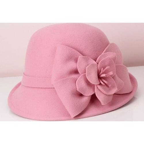H787 Women Fedora Hat Female Autumn Winter Korean Short Eaves Wool Fedoras Cap Three-dimensional Flower British Elegant Hats