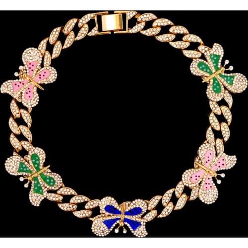 Punk Hip Hop Crystal Butterfly Cuban Choker Necklaces for Women Bling Rhinestone Miami Cuban Link Chain Necklace Rapper Jewelry