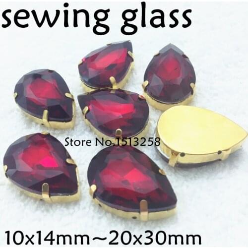 Siam Red Color Sew On Crystal Teardrop Fancy Stone With Gold Claw Setting 10x14mm,13x18mm,18x25mm,20x30mm