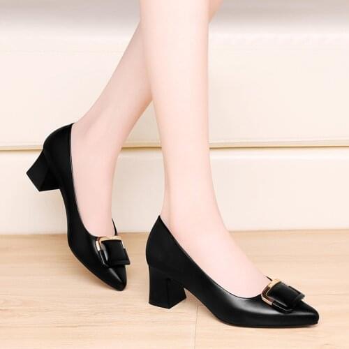 Single shoes womens shoes 2021 new spring and autumn pointed shallow mouth thick heel work high heels mid-heel ladies Slip-On