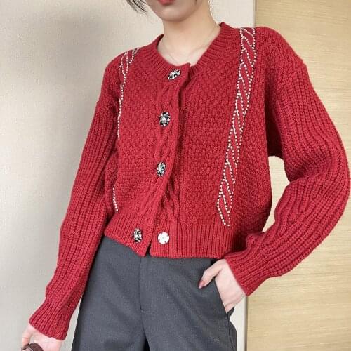 2021 Crop Cardigan Sweater Women Fashion Short Knitted Jackets O Neck Beaded Crystal Buttons Coarse Needle Knitted Cardigan Tops