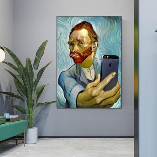 Van Gogh take Phone Funny Pictures Art Custom Photo Vintage Posters Prints Moden Home Decor Drop Ship Canvas Painting Wall Art