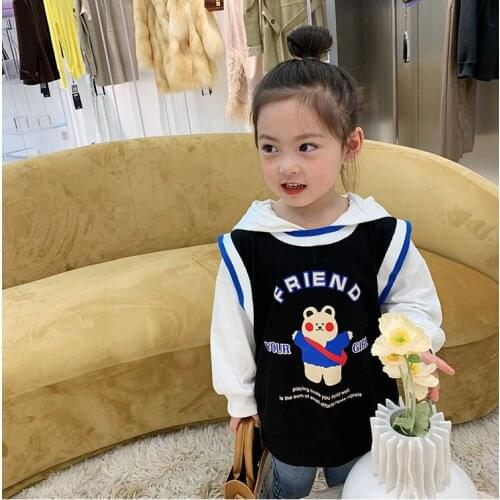 Spring Autumn Girls Clothes Fake two-piece suit Children Cotton Hooded Sweatshirt Kids Casual Sportswear Infant Clothing Hoodies
