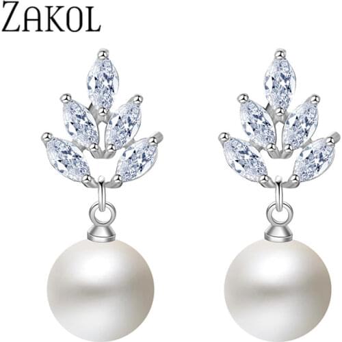 ZAKOL Elegant Cubic Zirconia & Imitation Pearl Leaf Dangle Earrings for Women Fashion Bridal Wedding Party Jewelry FSEP499