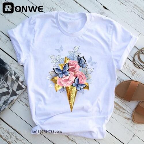 Women Ice Cream Butterfly Rose Fashion T Shirt Girl Harajuku 90s Harajuku Graphic Tops Valentines Day Female T-shirt,Drop Ship