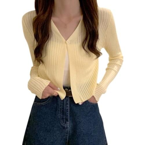 Women Korean V Neck Tshirt Solid Colour Button up Casual Long Sleeves Knitted Cardigan Tee