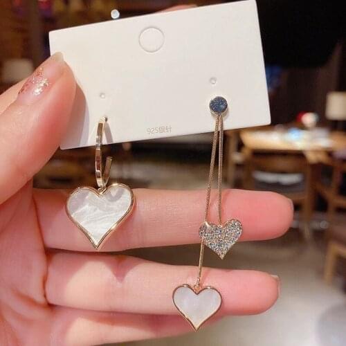 925 Silver Needle Korean Asymmetrical Diamond Tassel Earrings Long Heart Shaped Fashion All-match Earrings for Women
