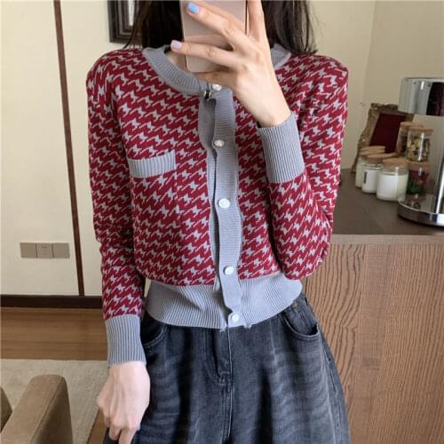 Woman Sweaters Cardigan Pearl Buckle Coat Houndstooth Knitted Cardigan Coat