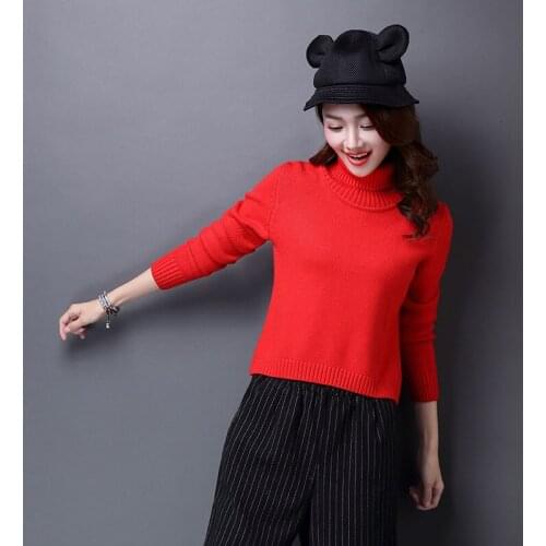 Women Solid Color Autumn & Winter Warm Knitted Sweater Higt Collar Slim Knit Sweater Elegant Lady Sweater