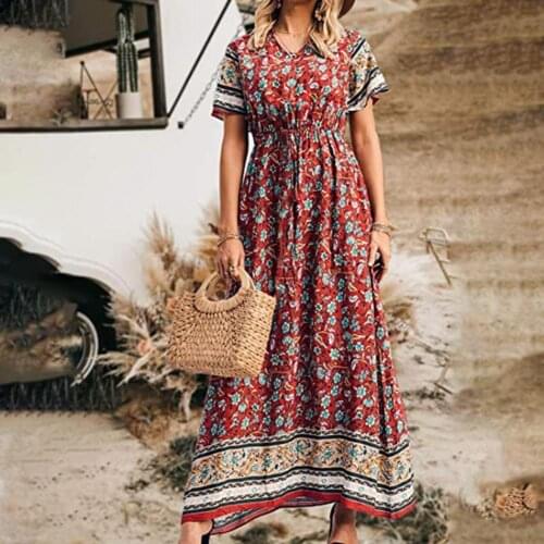 2021 Floral print summer beach Bohemian dress for women Ladies V-neck short sleeve dress female Robe Boho hippie dress Chic