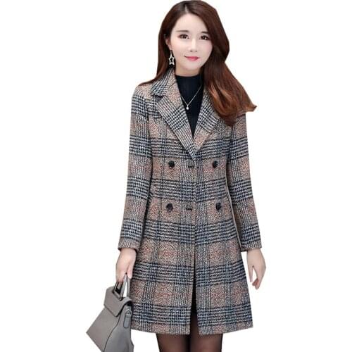 Thousand birds plaid woolen coat womens Autumn winter Korean slimming fashion medium long woolen trench coat overcoat tide