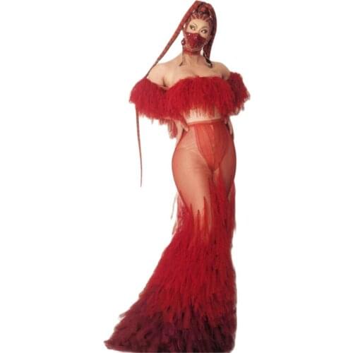 Sexy See Through Red Feathers Long Mermaid Dress Mesh Stretch Birthday Party Dress Women Singer Performance Costume