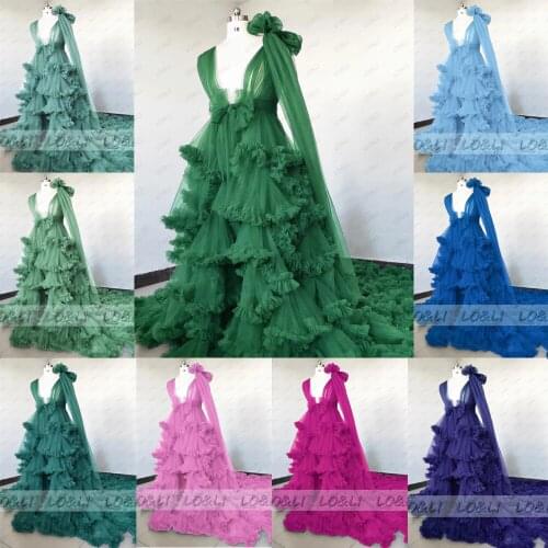 LO&LI Fluffy Tulle Maternity Dresses With Long Train V Neck Bow Shoulder Extra Puffy Tulle Maternity Robes For Photography