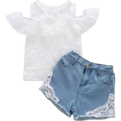 2021-05-06 Lioraitiin 2Pcs Set 1-5Y Toddler Baby Girl Fashion Summer Clothing Off Shoulder Lace Top Demin Patchwork Shorts