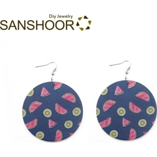 SANSHOOR Fruits Printed Wooden Drop Dangle Earrings Watermelon kiwi Pattern With Hooks For Women Bohemia Jewelry 6Pairs