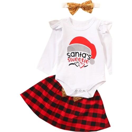 Baby Girls 3 Pieces Suit Christmas Ruffle Long Sleeve Letter Print Romper Plaid Bow Skirt Hairband Kid Children Festival Clothes